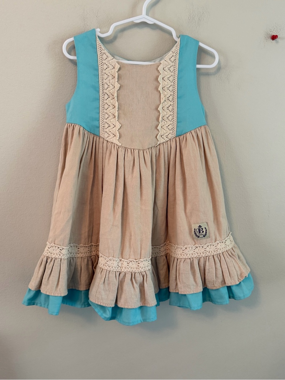 Bebe Organic Beige and Turquoise Lace-Trim Sundress